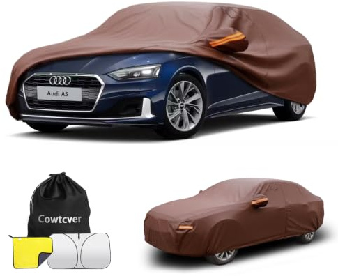 Cowtcver Autoabdeckung Wasserdicht Passend für Audi A5/S5/RS5 2009-2026 | Vollgarage Autoplane in Rindslederoptik Atmungsaktiv für Sonne Regen Staub Schutz, Auto Abdeckplane mit Sonnenblende