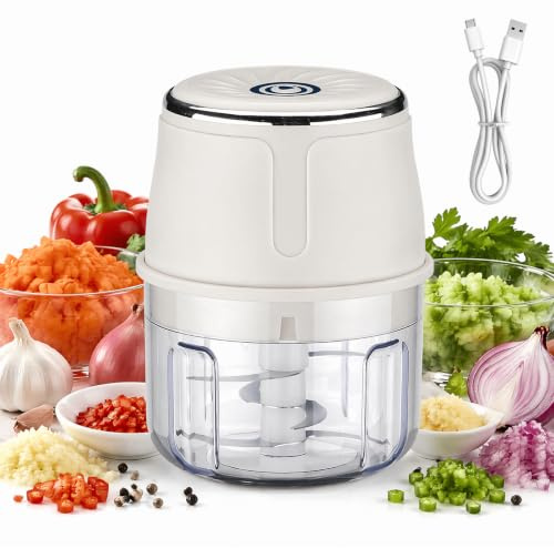 Zerkleinerer elektrisch 350ml Universalzerkleinerer mit 6 Edelstahlklingen, USB-C wiederaufladbar, kabelloser Multizerkleinerer für Zwiebeln, Knoblauch, Fleisch, Gemüse, Mini Hacker für Küche,Camping