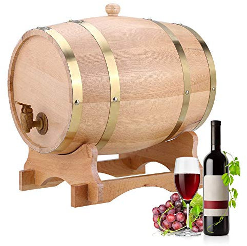 Eiche Weinfass 10L Praktisch Langlebig Vintage Holz Eiche Holz Weinfass Spender, Auslaufsicher Eiche Wein Lagerung Fass mit Holzständer und Wasserhahn für Whiskey Bourbon Tequila Wein Essig Bier