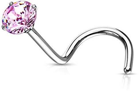 Tata Gisèle Piercing de nez en acier chirurgical 316L et Oxyde de Zirconium Rond. Différentes Couleurs d'Acier et de Zircons - (Argenté/Rose, 2)