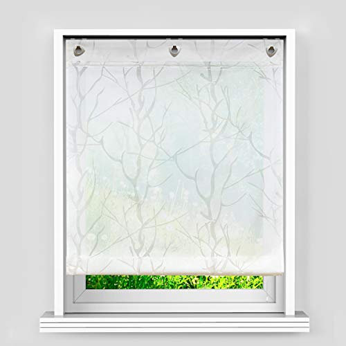 Heichkell Voile Ösen Raffrollo Gardine mit Haken Ausbrenner Raffgardine ohne Bohren Ausbrenner Design >Baumast< Faltenrollo in Küche Rollos Vorhang mit seitlicher Schnüren Weiß HxB 140x100 cm