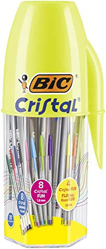 Pot de 20 stylos bille BIC Cristal Original et BIC Cristal Fun pointes moyenne et large couleurs assorties