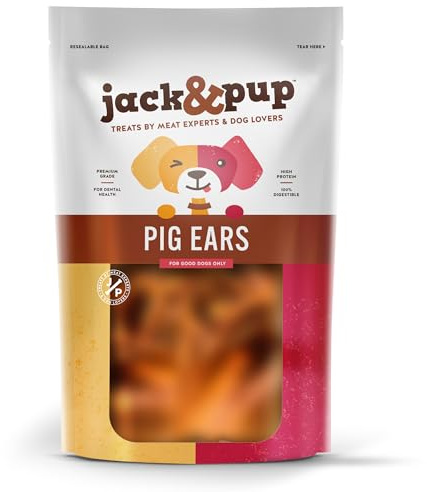 Jack & Pup Orecchie di maiale interi per cani - Ingrediente singolo - Masticare completamente naturale per cani - 100% essiccate all'aria - Senza cereali e ad alto contenuto proteico - Cani da grandi