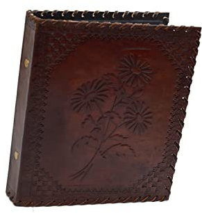 ROOGU Lederordner A5 – Blumenprägung * Herbarium Design * Handmade in Indien – Ringbuch aus Büffelleder – 2-Ring DIN A5 Aktenordner für Notizen & Dokumente