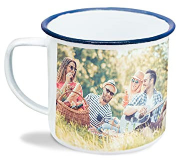 Made in Gift Taza Enamel Personalizada con Foto de Acero Inoxidable con Borde de Color y Efecto Envejecido 79mm x 89mm (Azul)