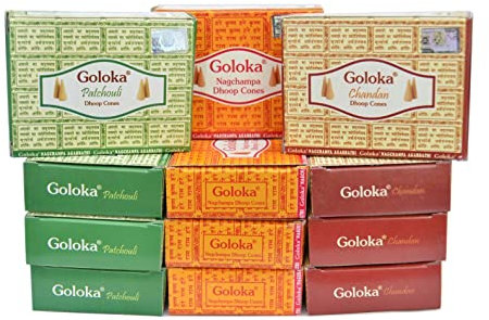NALE. Surtido Conos Goloka (12 Cajas en Total) 4 Patchouli, 4 Chandan y 4 Nag Champa