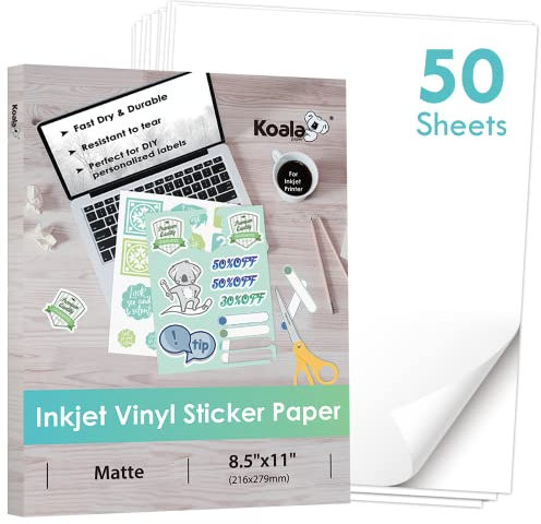 Koala Bedruckbares Vinyl-Aufkleberpapier für Tintenstrahldrucker, 50 Blatt mattes weißes Aufkleberpapier, wasserdichtes Aufkleberpapier, 21,6 x 27,9 cm, funktioniert mit Schneidemaschine