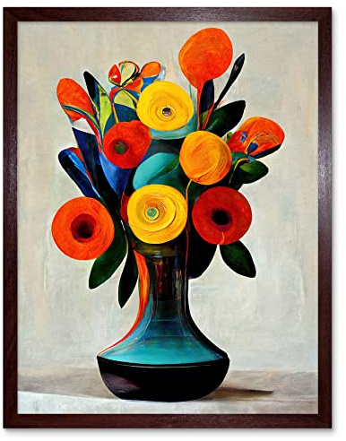 Wee Blue Coo Midcentury Style Bright Floral Bouquet Flowers Painting Orange Yellow Red Turquoise Art Print Framed Poster Wall Decor 12x16 inch