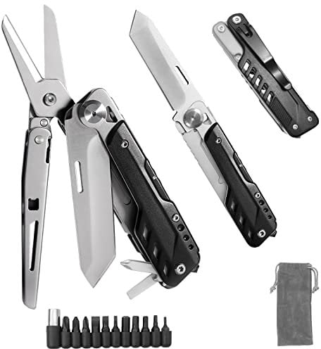 HONZIN Multitool 5 in 1 Multifunctional Folding Pocket Knife, Folding Scissors, Detachable Stainless Steel Geometric Knife for Outdoor Camping Hiking (Extra 11 Screwdriver Bits)