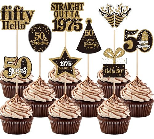 Xsstarmi 36 Pack 50th Birthday Cupcake Toppers Double Printed Fifty Hello 50th Straight Outta 1975 Cupcake Picks for Cheers to 50 Years 50th Birthday Wedding Anniversary Party Decoration
