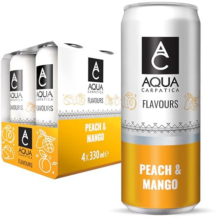 AQUA Carpatica Sparkling Flavours Mango & Peach 330ml x 4 - Natural Fruit Juice Infused Sparkling Water, No Added Sugar, Naturally Alkaline, Sweetened with Agave Syrup, Rich in Minerals