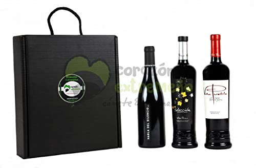 Cesta de Regalo para Empresas con Vino Tinto Viña Puebla Selección, Habla del Silencio, Viña Puebla Crianza – Corazón Extremeño