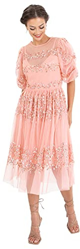 Womens Midi Dress Ladies Sequin Embellished Short Sleeve Dress for Wedding Guest Bridesmaid Prom Ball Evening Occasion