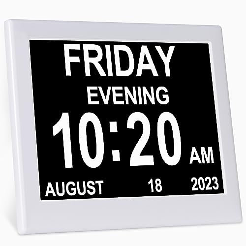 KASTISS [Newest Version 8 Inch Digital Calendar Day Clock for Elderly, Medication Reminder, Dementia Clock Suitable Visually Impaired, Bedside, Desktop, Wall Hanging (White)
