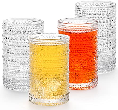 Quyimy Vintage Drinking Glasses Set of 4, Highball Drinking Glass Water Glasses, Hobnail Drink Glasses for Cocktail Whiskey Bear Coffee 355 ML/12oz