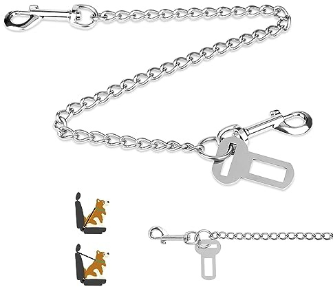 EFUTURETIME Bissfeste Hundeleine Kette 65cm,Edelstahl 304 Hundegurt Auto | Antibeissleine Sicherheitsgurt Hundeanschnaller Kette für Rückbank oder Leinenverlängerung