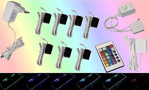 Trango 7er Set 5022-07 RGB Farbwechsel LED Glaskantenbeleuchtung inkl. Fernbedienung Schrankbeleuchtung Glasbodenbeleuchtung Vitrinenbeleuchtung LED Clips Möbelbeleuchtung