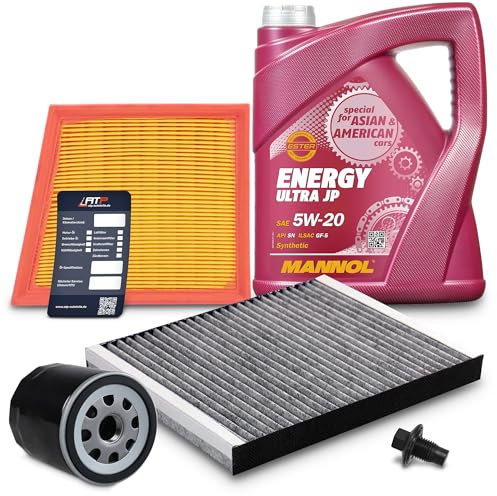BESTPRICE Inspektionspaket Filterset mit 1x Ölfilter; 1x Innenraumfilter; 1x Luftfilter; 5l Motoröl 5W-20 MANNOL ENERGY ULTRA JP Kompatibel mit FORD TRANSIT COURIER, B-MAX (JK), FIESTA Mk6, ECOSPORT
