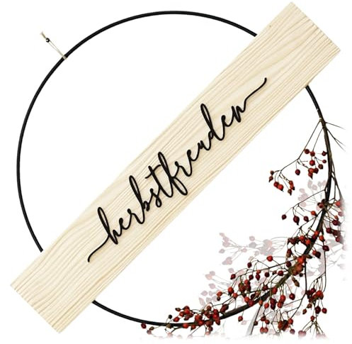 SKONIDA Herbstkranz modern – Tür-Schild aus Naturmaterial Holz & Metallring 30 cm – Deko DIY Türkranz mit 3D Schriftzug zum Aufhängen – Holzkranz für Trockenblumen - Vintage Wandkranz Herbst