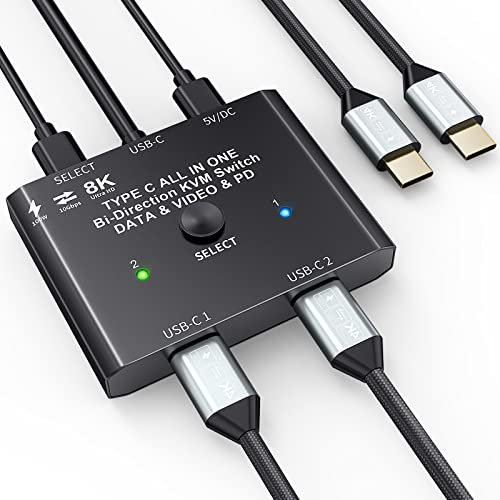 Conmutador USB C, conmutador KVM USB tipo C 8 K a 60 Hz, 4 K @ 120 Hz, conmutador bidireccional USB C 2 PC, soporte de vídeo/transferencia de datos de 10 Gbps, carga de 100 W, compatible con