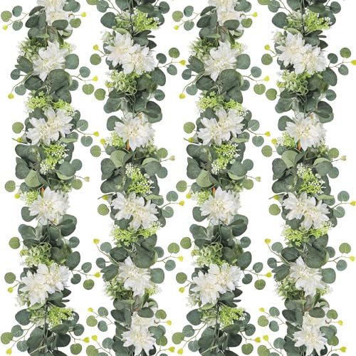 LOMOHOO Artificial Eucalyptus Garland with White Dahlia Flowers, 5.9FT 4PCS Greenery Garland Faux Flowers Decoration Table Runner for Wedding Home Party Fireplace