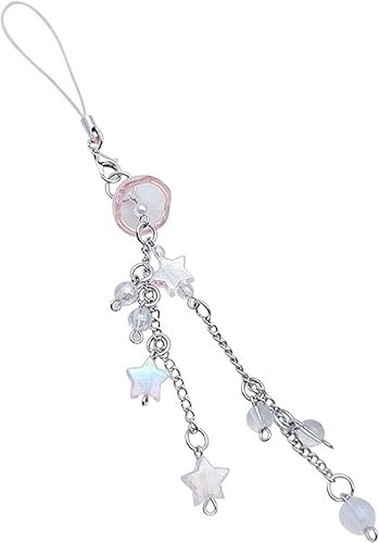 SquarezhenBo Tragbarer Quallen-förmiger Fransen-Schlüsselanhänger mit Sternperle, Cartoon-Fransen-Handy-Kette und Handy-Gurt - Süß und Cool
