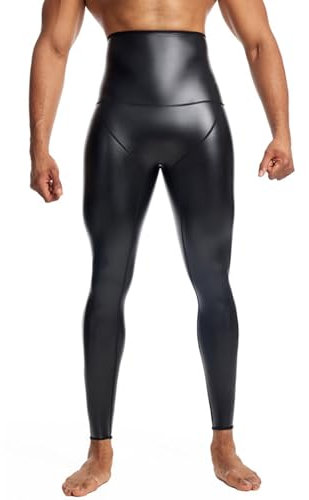 Fldy Herren Wetlook Leggings Glanz Lederimitat Hose Hohe Taille Bauchweg Body Shaper Kompression Strumpfhose Sporthose Tights Clubwear Schwarz XL