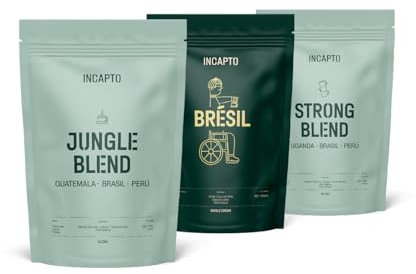 Incapto Pack d’Initiation au Café en Grain de Spécialité | Jungle Blend, Café du Brésil et Strong Blend | Niveau de Torréfaction Élevé et Arôme Intense | 3 sachets de 500g