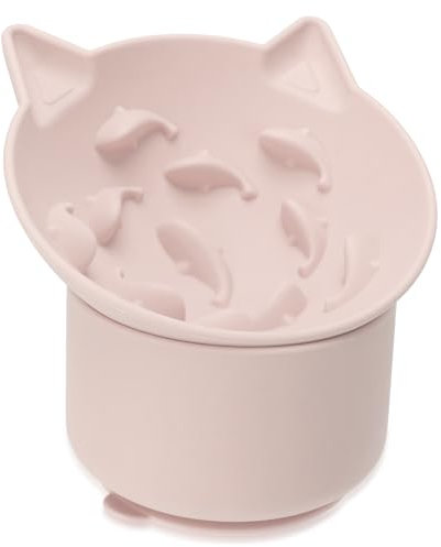 Bikabpet Silicone Cat Slow Feeder, Elevated Slow Feeder Cat Bowl Tilt Design, Cat Dish to Slow Down Eating, Suitable for Dry and Wet Food, Adjustable Angle, Cat Food Puzzle with Suction Cup(Pink)