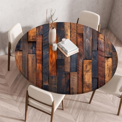 Treer Tischdecke Outdoor Rund, Holzbrett Druck Lotuseffekt Tischdecke Abwaschbar Elastisch Rund Gartentischdecke, für Garten, Küche, Esstisch, Parteien Tischdecken (80cm,Retro)