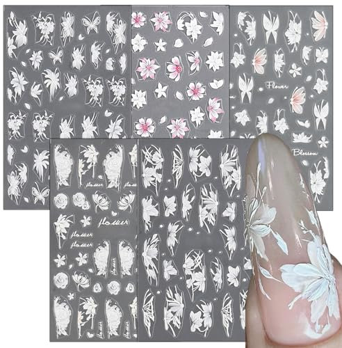 GZMAYUEN Nail Stickers Weiße Blume 5 Blätter Lily Petal Floral Nagelsticker 3D Selbstklebend Nagelaufkleber Nageltattoos Nageldesign Zubehör