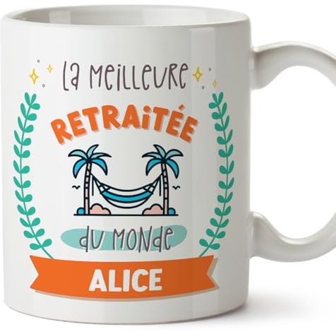 Mugffins Tasses Personnalisables pour RETRAITÉE femme - En Français - Cadeau Personalisé- Meilleur du monde - Avec dessin - 11 oz / 330 ml