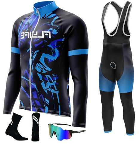 Herren Langarm Radtrikot Set Radtrikot Set Herren mit 8D Sitzpolster Langarm Trägerhose Radhose Atmungsaktiv Elastische Schnell Trocknend Fahrrad Trikot für Radfahren MTB Jogging (L,TYP-11)