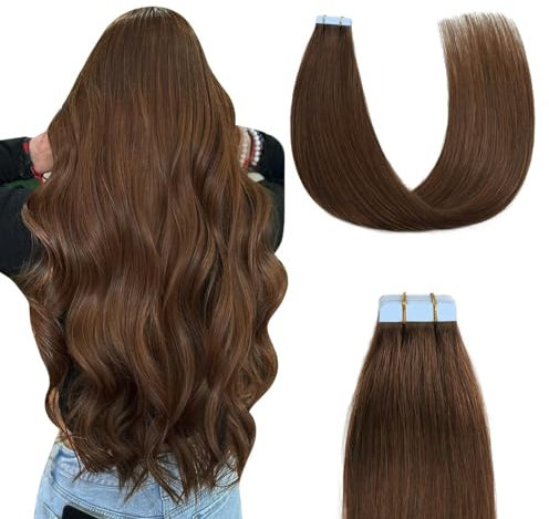 Sunya Tape Extensions Echthaar Schokoladenbraun Tape in Extensions Echthaar Haarverlängerungen Invisible Glatte Skin Weft Natürlich Klebstoff Tape in Hair Extensions 45cm 20 Stück 50g/Pack