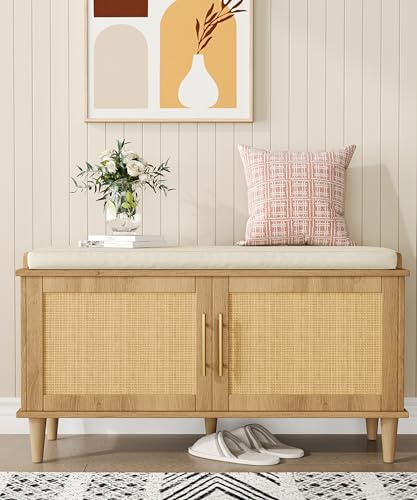 Akxomel Rattan Shoe Storage Bench with Cushion, 2-Tier Entryway Bench with Adjustable Shelves and 2 Doors, 15 D x 39.4 W x 20 H, Solid Wood Legs, for Hallway, Living Room, Bedroom, Natural Oak