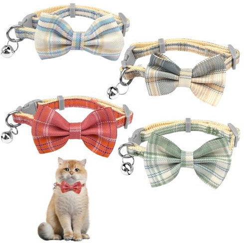 4 Stück Katzen Halsband Fliege Katzenhalsband mit Glocke ，Cat Collar Katze Halsbänder, Einstellbare Größe 22-29cm mit Sicherheitsverschluss, Geeignet für Katzen mit Einem Gewicht von 2,5kg -5k