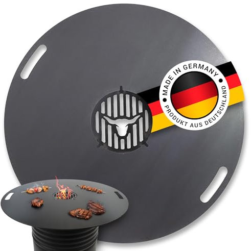 Feuerplatte für Feuertonne und Kugelgrill Handgriffe 90 cm, 6 mm Stärke #923– INKL. Grilleinsatz, Grillplatte für Feuertonne & Feuerschale, Massive Stahlplatte Plancha Grillring für BBQ & Teppanyaki