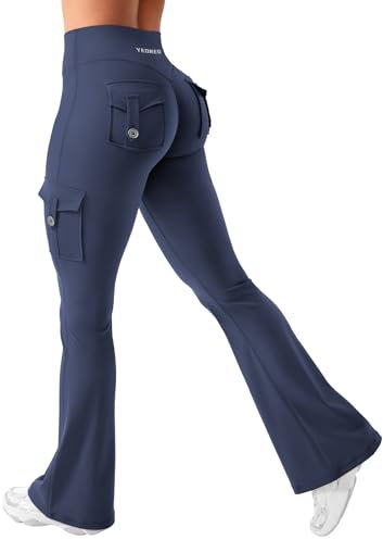 YEOREO Damen Flare Leggings mit 4 Pockets Invisible Scrunch Butt Sport Leggings High Waist Schlaghosen Workout Seamless Push Up Blickdicht Yoga Gym Legging Marineblau M