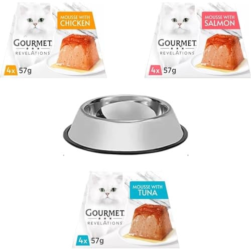 Gourmet Revelations Contains Wet Cat Food in Gravy - (3 x 4 Pack Total of 12 Portions x 57g) Mousse with Chicken, Mousse With Salmon & Mousse With Tuna Bundled With New Slip Proof Fade-Style Cat Bowl