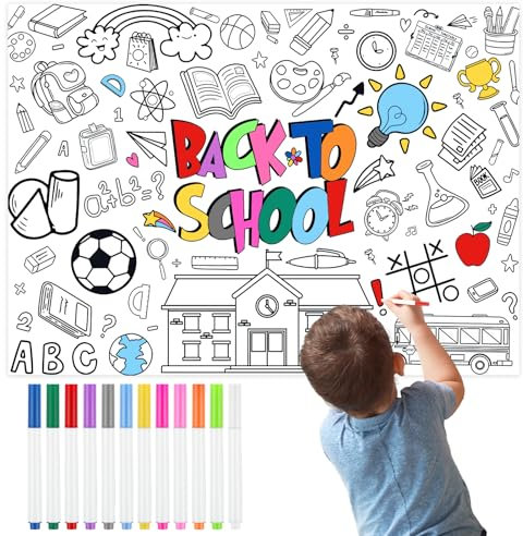 Deepton Tischdecke zum Ausmalen, DIY Ausmaltischdecke Kinder mit 12 Farbstifte, Lustiges Maltischdecke für Kinder, Tischdecke Einschulung, Schulanfang Geschenk Schultüte Füllung für Jungen Mädchen