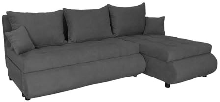 FORNIRO 24 NELA Ecksofa 199x143x80cm Graphit Wohnzimmer Couch Schlafsofa | Mit Schlaffunktion & Bettkasten - L-Form - Kissen - Stoff Basic | ausziehbar Gäste bequem Stauraum Design hochwertig Eckcouch