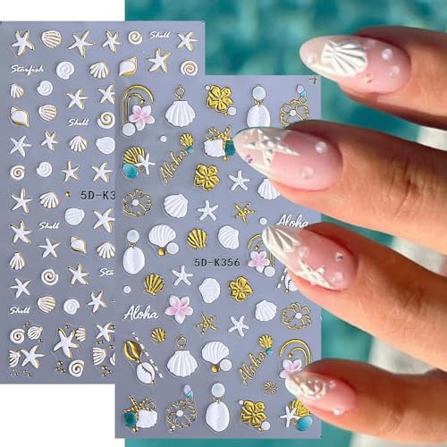 CharmeFleur 5D autocollants d'ongles en relief 2 pièces décoration ongles d'été thème plage coquillage étoile de mer blanc or accessoires nail art adhésif
