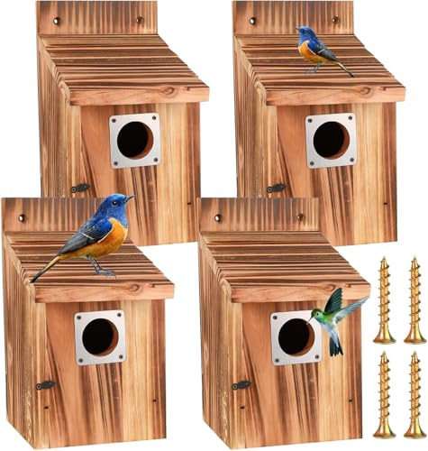 Hanured® 4 Stück Nistkasten für draußen wetterfest, Vogelhäuser mit Metallschutz, Sicherheitsschlössern, Flugschlitzen & Belüftung, 3,8cm Eingang