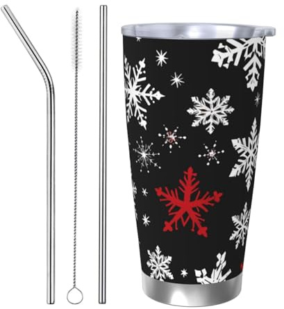 Schneeflocken-Weihnachtsbecher mit 2 Strohhalmen und Deckel, Thermo-Auto-Becherhalter, Galaxie, 590 ml, isolierter Becher, Edelstahl, Vakuum-Reise-Kaffeebecher für heiße und kalte Getränke