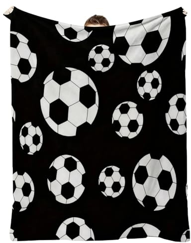 JynxtoyZeal Kuschelige Fußball-Fleecedecke für Kinder Fußball Kuscheldecke für Kinder Sport Decke Weich Flauschig Fleecedecke Football Geschenke für Junge Mädchen 130 x 150cm, Schwarz