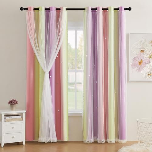 XiDi Thermoisolierung Sternenschleier Lichtfilter Verdunkelung | Pink-Gelb-Violett 132x183cm für Erkerfenster mit Lochblenden & Doppeltextur Pin/Ye/Pur/132/183/2