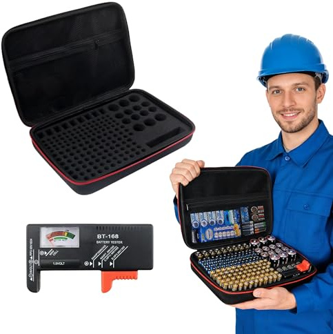 Battery Storage Case with Tester BT168 Black, 140 Slots | For AA, AAA, 9V, D and Button Cell Lithium Batteries, Batteries Not Included