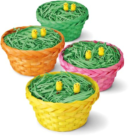 FESTICY Set 4 Cestini Pasquali con Pulcini e Erba Verde I Ø19 cm Pronti per la Caccia alle Uova I Cesti in Vimini per Decorazioni Pasqua e Regali Bambini I Regalo Pasqua 2026