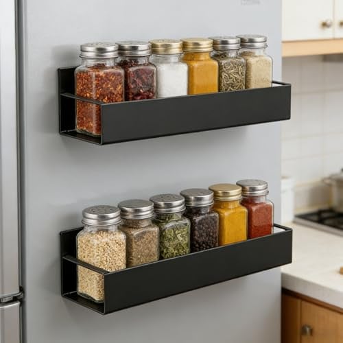 Euablfo 2 Stück Kühlschrank Regal Magnetisch, Magnet Regal Kühlschrank, Metall Magnetisches Gewürzregal Magnetic Spice Rack für Küche Aufbewahrung und Organisation, Schwarz