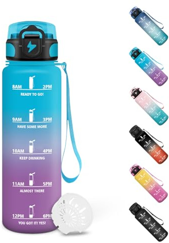 Motswedi Botella Agua 0.5l, Botella Agua Gimnasio, Diseño de Cerradura a Prueba de Fugas, Cantimplora Plastico, Con Marca de Tiempo, Cantimplora para Escuela, Yoga, Deportes, Pilates - Azul&Violeta
